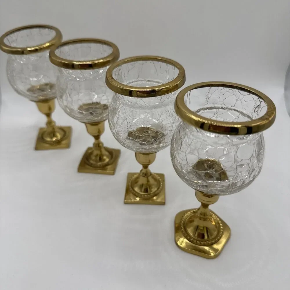Vintage Mid-Century Gold Brass & Crackle Glass Votive Candle Holder Set of 4